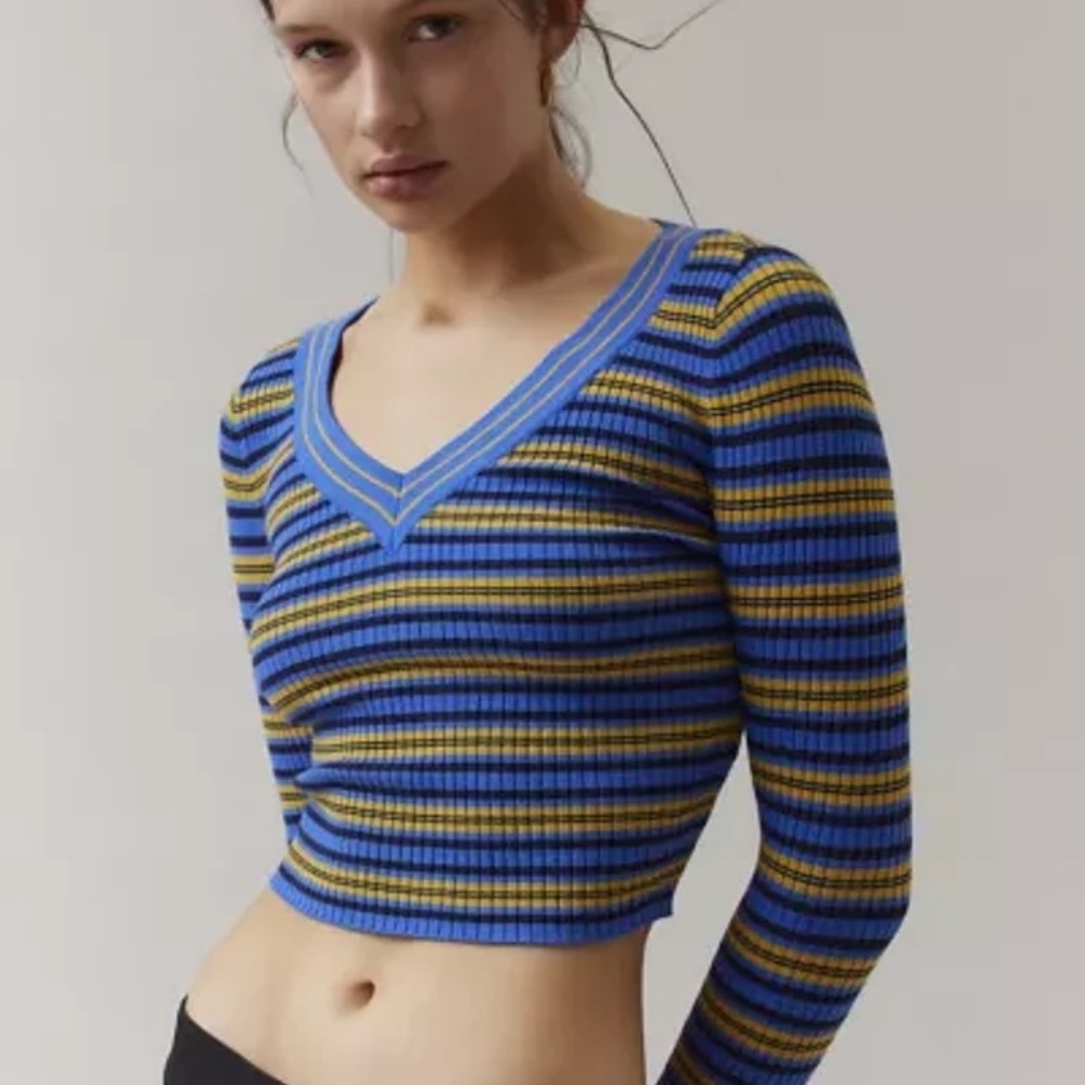 BDG Blue and Yellow Addison V Neck Ribbed Knit
